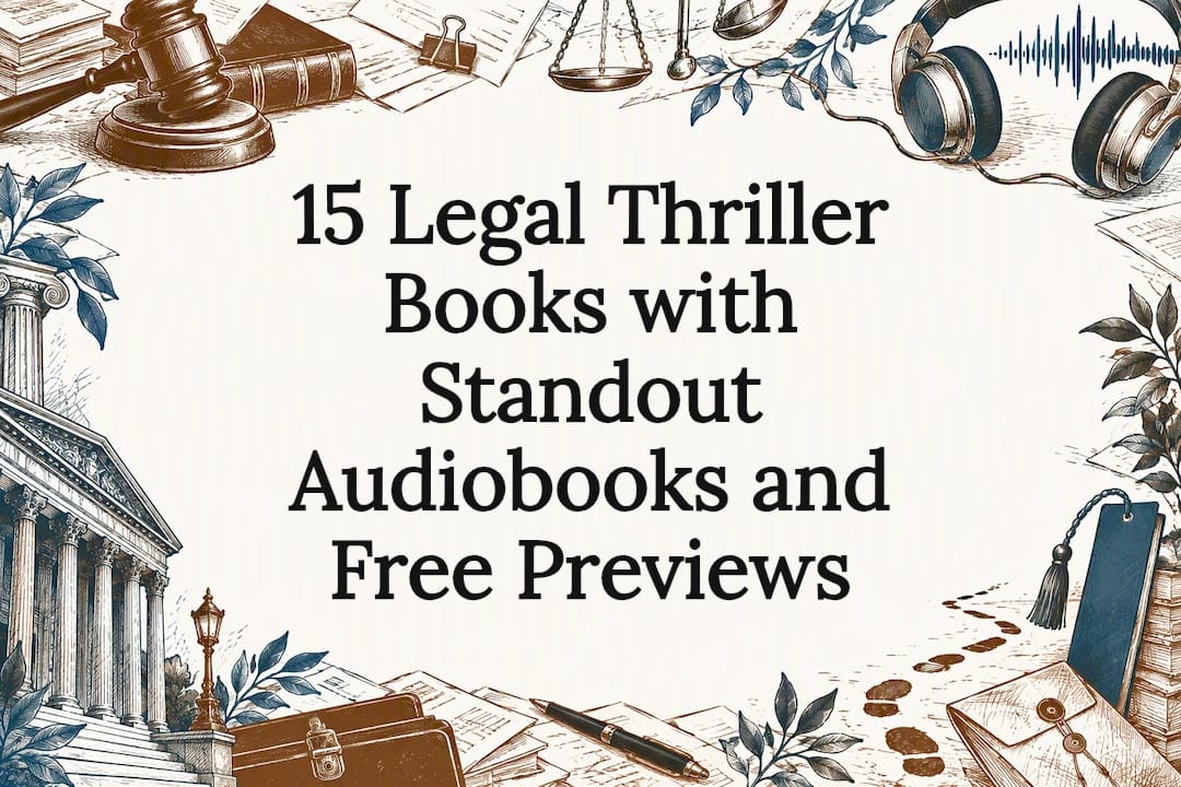 Legal thriller audiobook title card illustration